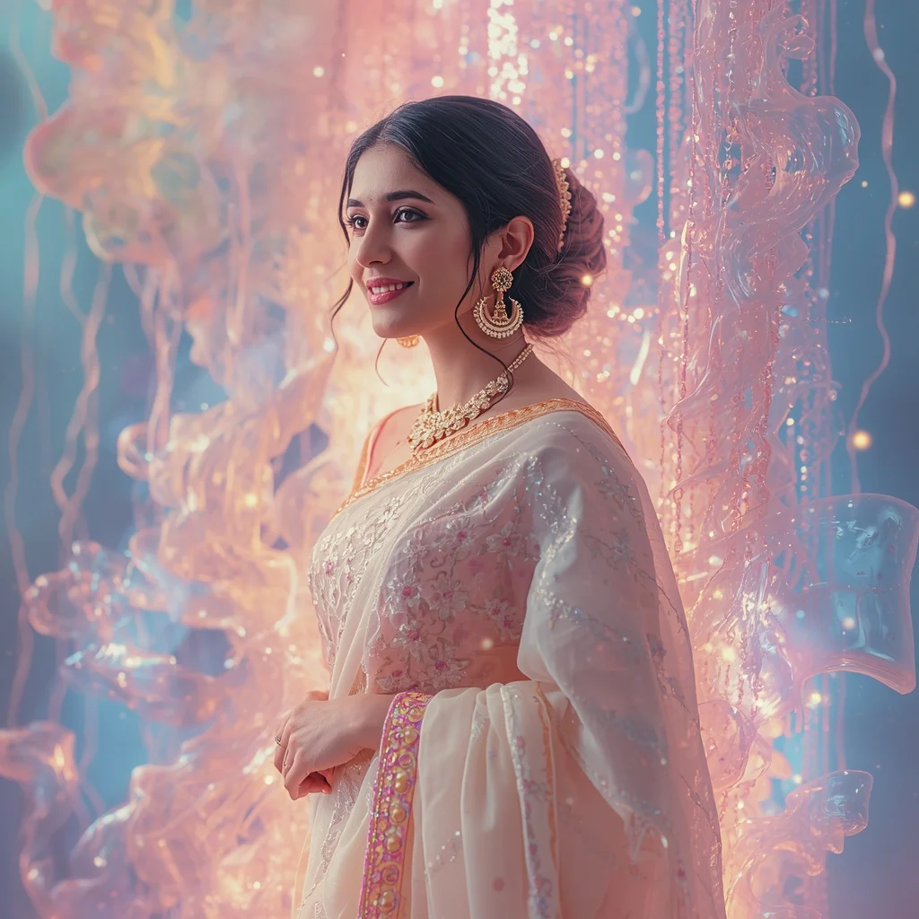 Festive Pastel Saree Cosmic String Theory Flow Collage | Desi Girl Ai Prompt