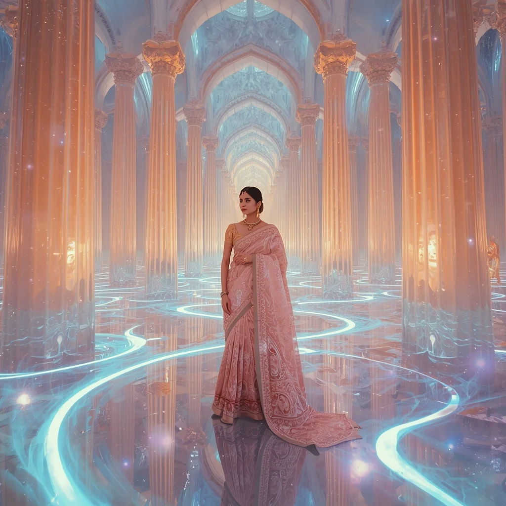Festive Pastel Saree Crystal Aurora Celestial Citadel Collage Luxury | ChatGPT Photo Editing Prompts For Girl