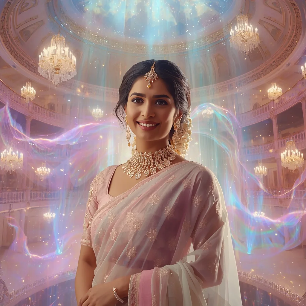 Festive Pastel Saree Crystal Aurora Celestial Theater Collage Premium Cinematic | Bridal Ai Prompt