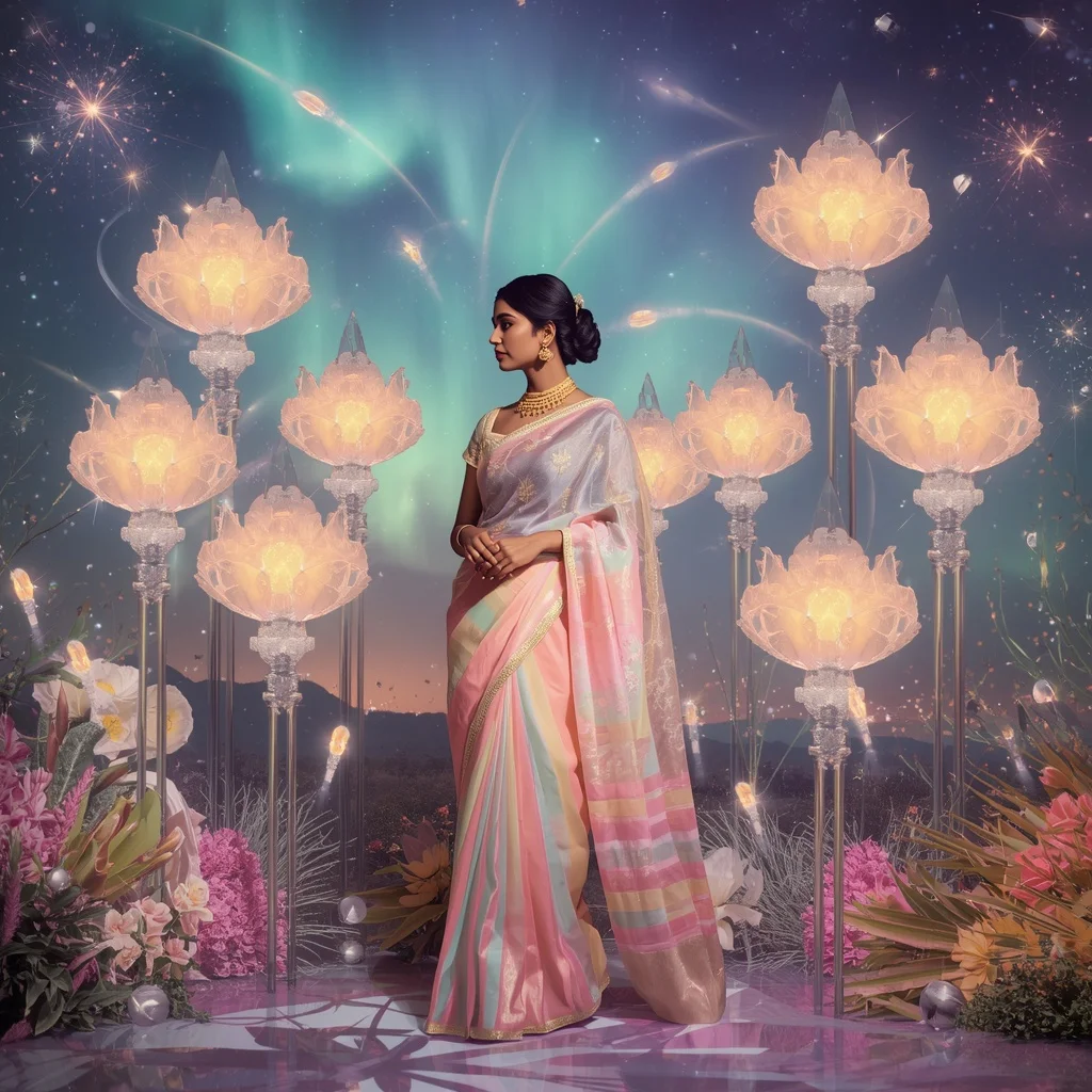 Festive Pastel Saree Crystal Aurora Comet Garden Collage Luxury | Prompt Seen Trending Girl AI Photo