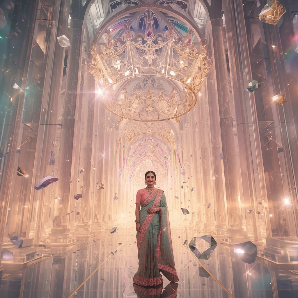 Festive Pastel Saree Crystal Aurora Crown Cathedral Collage Premium Cinematic | Motivation Ai Prompt