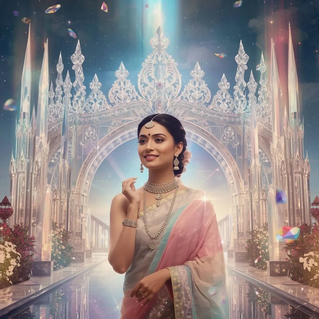 Festive Pastel Saree Crystal Aurora Crown Palace Collage Premium Cinematic | Instagram Carousel Ai Prompt