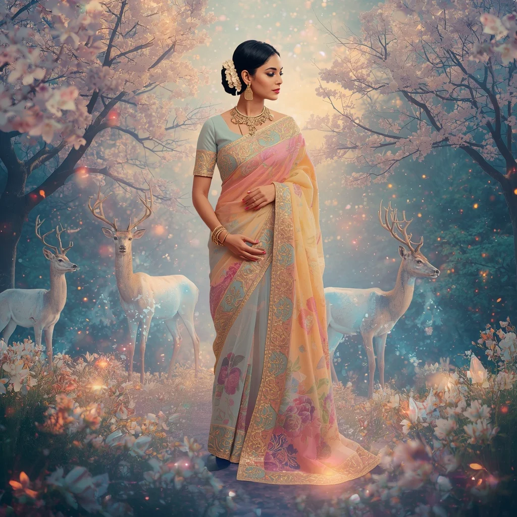 Festive Pastel Saree Crystal Aurora Deer Kingdom Collage Premium Masterpiece | Motivation Ai Prompt
