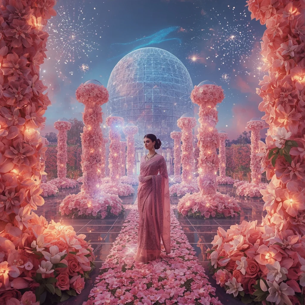 Festive Pastel Saree Crystal Aurora Floral Observatory Collage Luxury | Image To Prompt