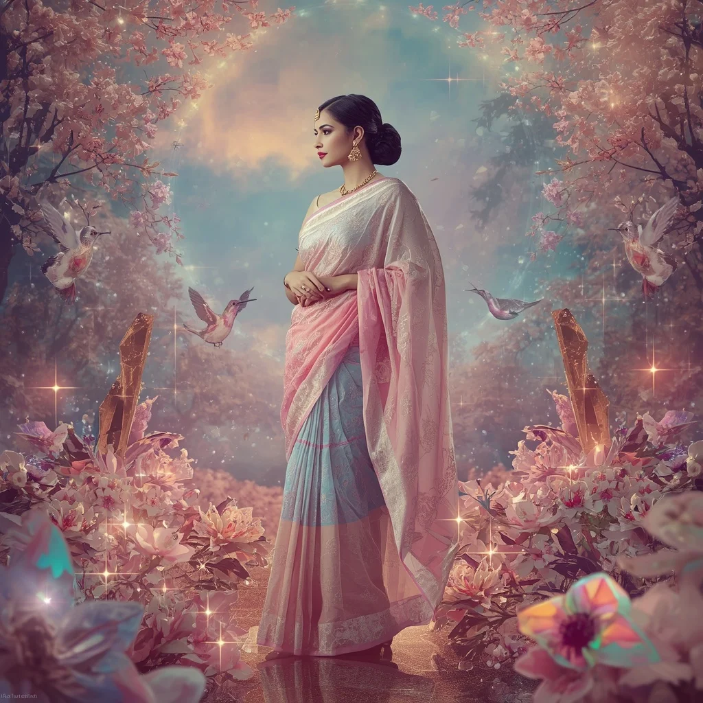Festive Pastel Saree Crystal Aurora Hummingbird Kingdom Collage Premium Masterpiece | Prompt Generator