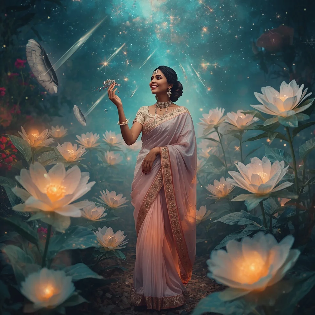 Festive Pastel Saree Crystal Aurora Meteor Garden Collage Premium | Woman Pose Ai Prompt