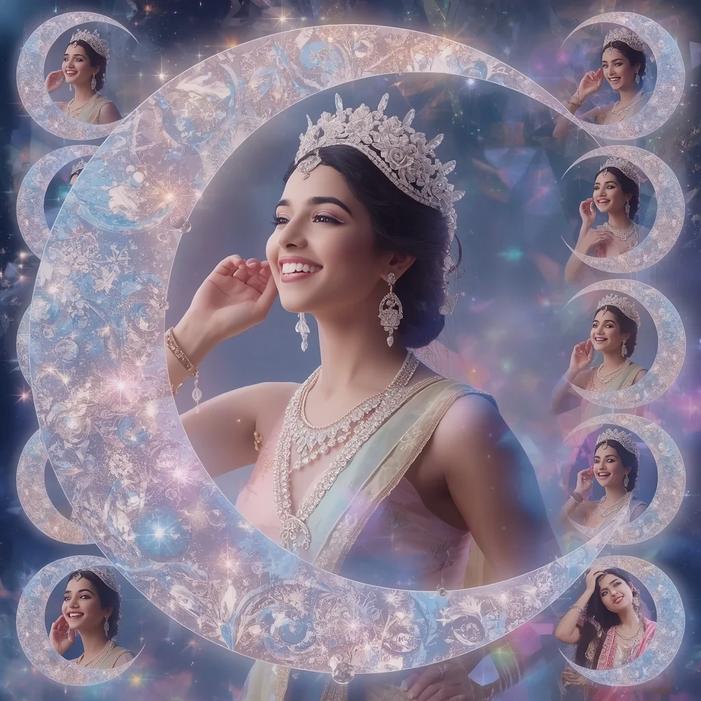 Festive Pastel Saree Crystal Aurora Moon Crown Collage Premium | Art Ai Prompt