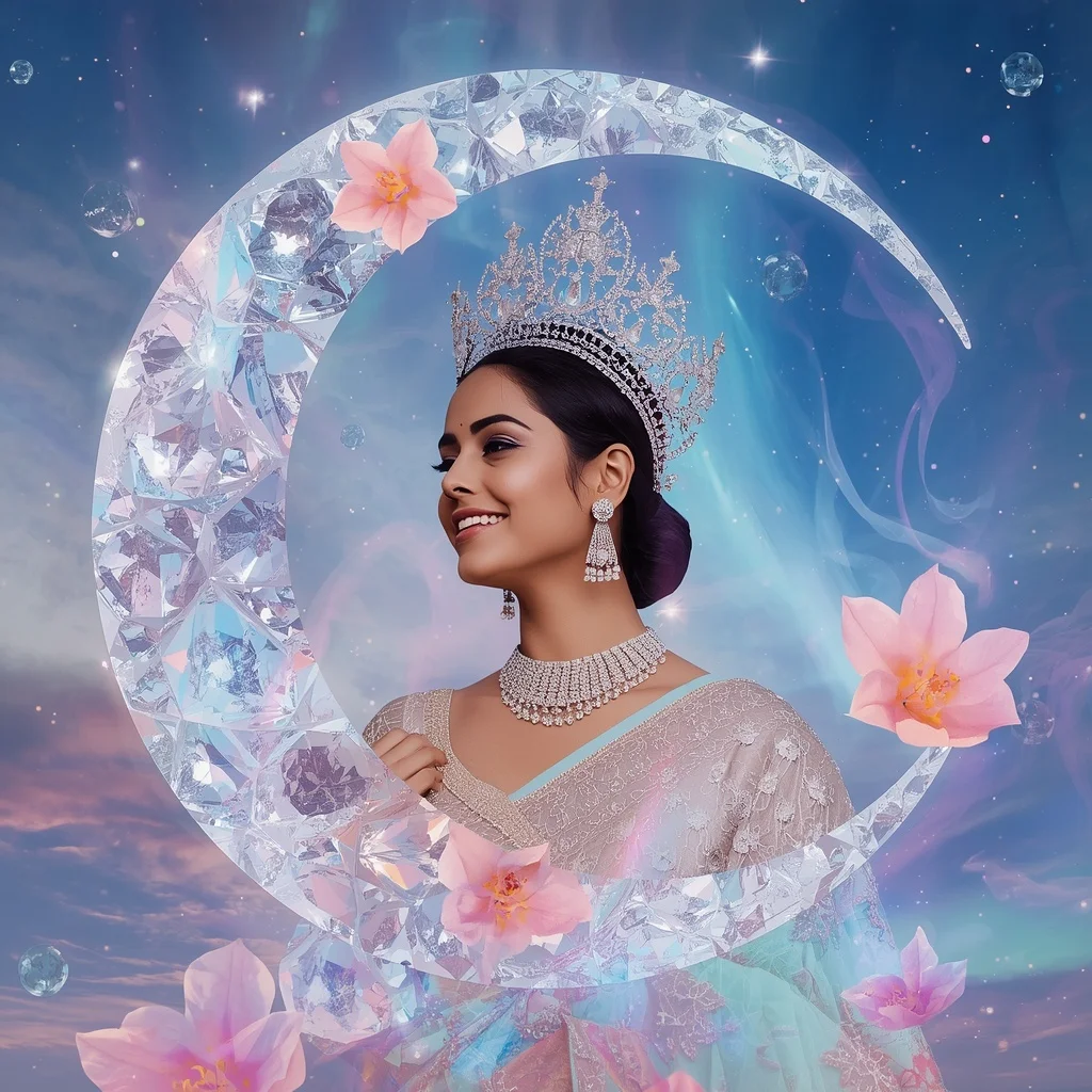 Festive Pastel Saree Crystal Aurora Moon Crown Luxury | Prompt For Gemini