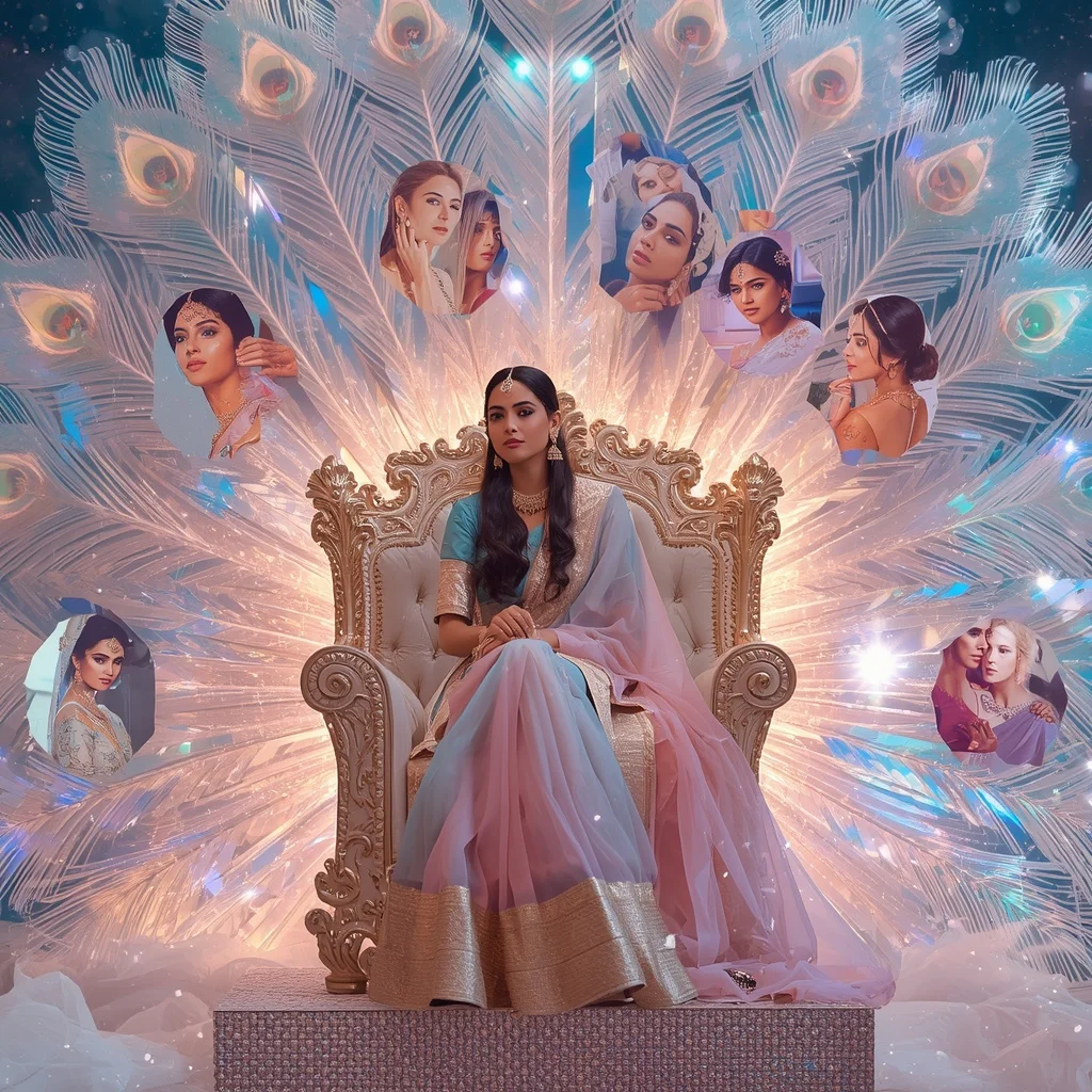 Festive Pastel Saree Crystal Aurora Peacock Throne Collage Luxury | Woman Pose Ai Prompt