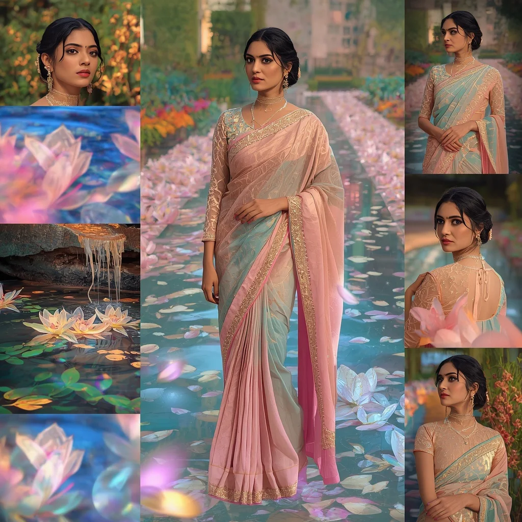 Festive Pastel Saree Crystal Aurora Petal Water Garden Collage Luxury Fashion | New Instagram Trend Prompt For Girl And Boy