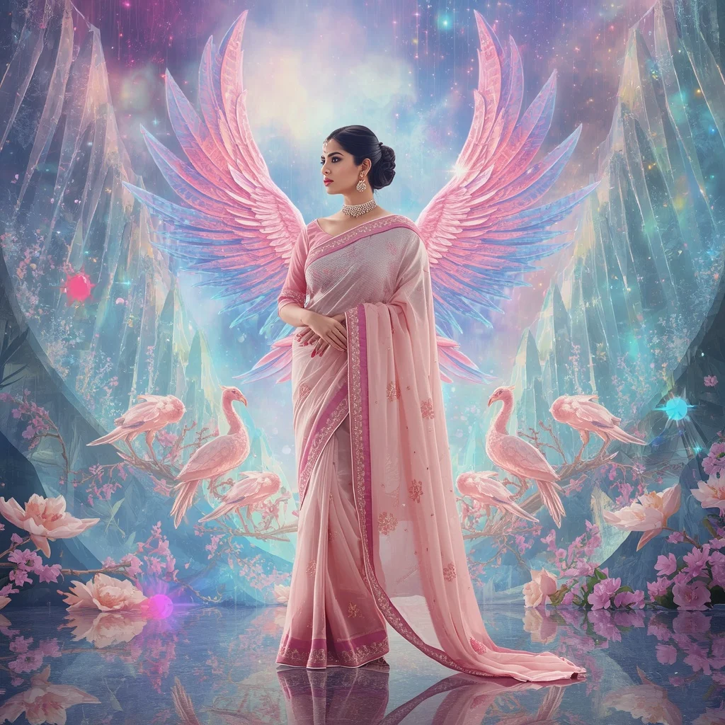 Festive Pastel Saree Crystal Aurora Phoenix Queen Realm Collage Premium Masterpiece | Prompt For Gemini AI Girl Trending