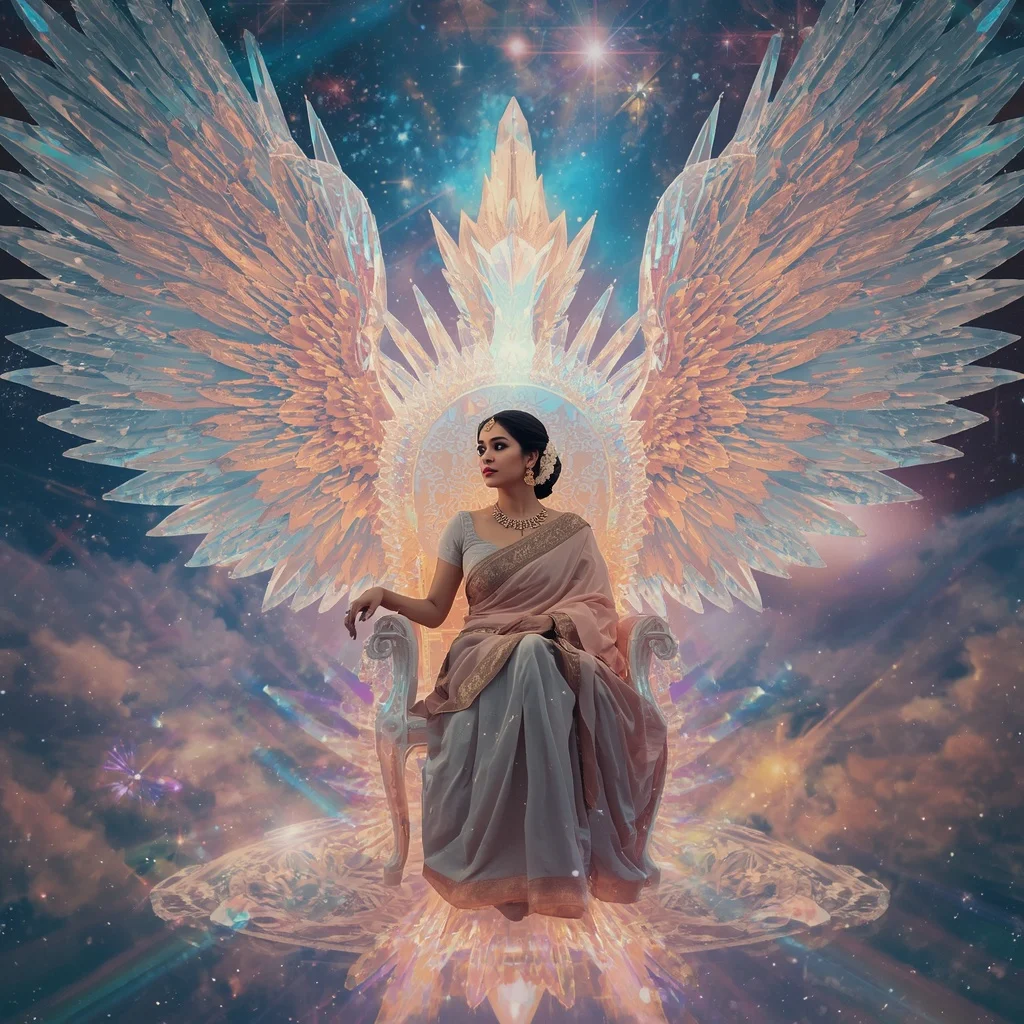 Festive Pastel Saree Crystal Aurora Phoenix Throne Kingdom Luxury Collage | Grok Ai Prompt