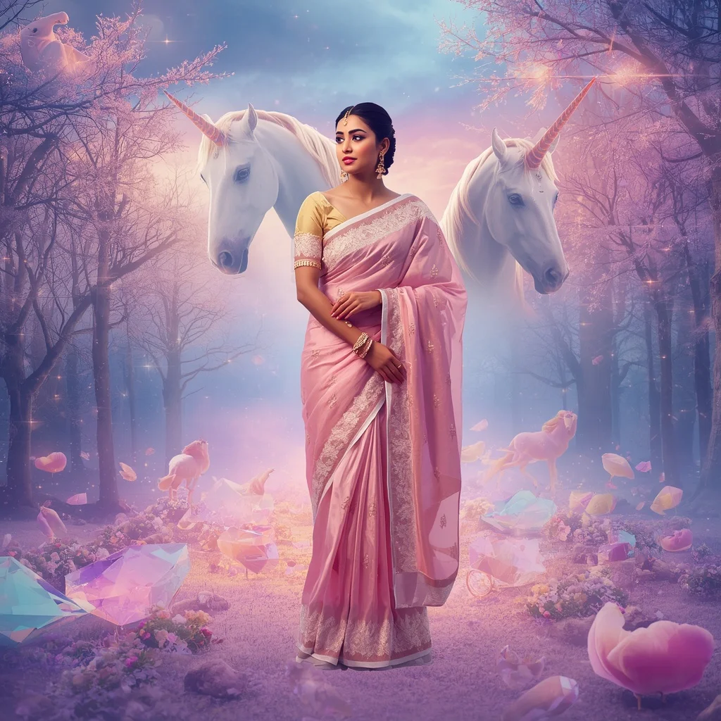 Festive Pastel Saree Crystal Aurora Unicorn Empress Realm Collage Premium Masterpiece | Youtube Thumbnail Ai Prompt