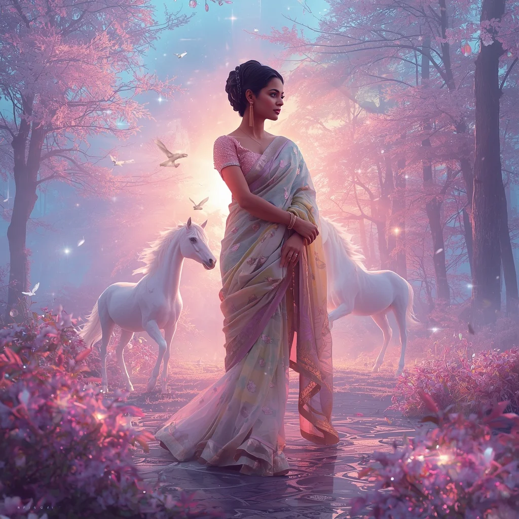 Festive Pastel Saree Crystal Aurora Unicorn Realm Collage Premium Masterpiece | Instagram Viral Photo Ai Prompt