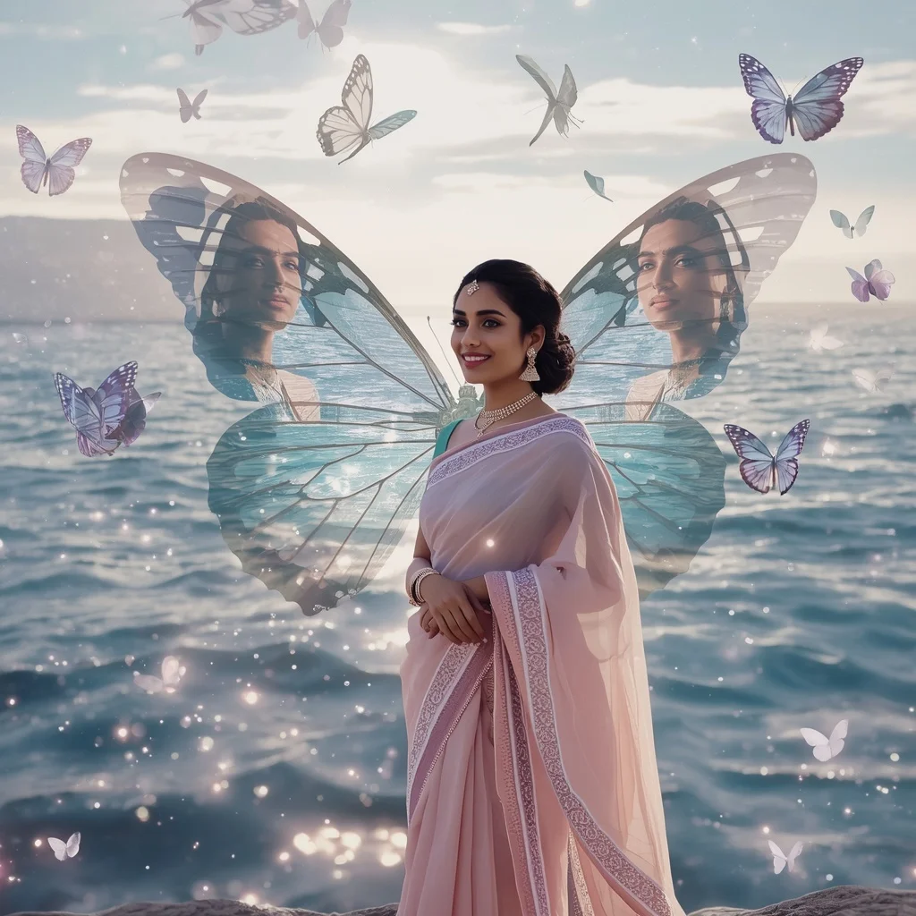 Festive Pastel Saree Crystal Celestial Butterfly Ocean Collage Premium | Prompt For Traditional Look For Couple