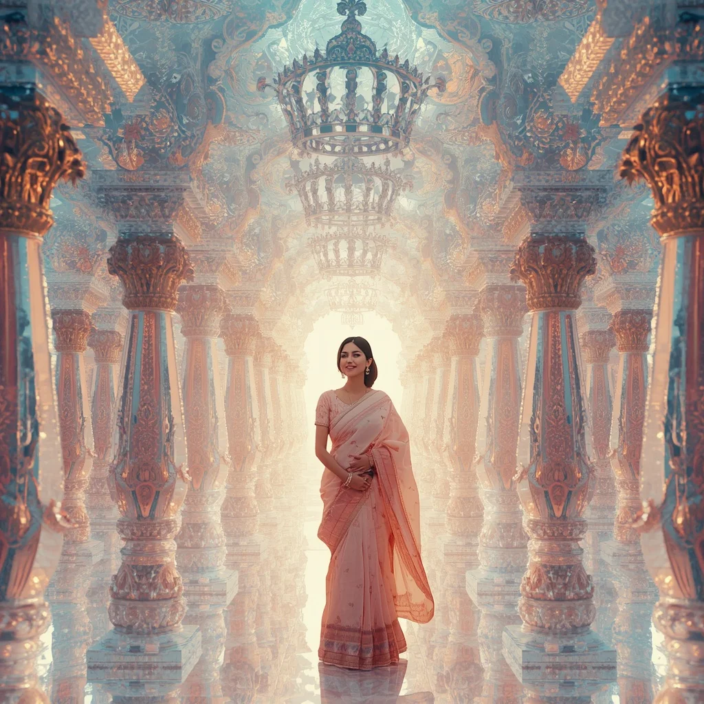 Festive Pastel Saree Crystal Celestial Crown Temple Collage Premium | Grok Ai Prompt
