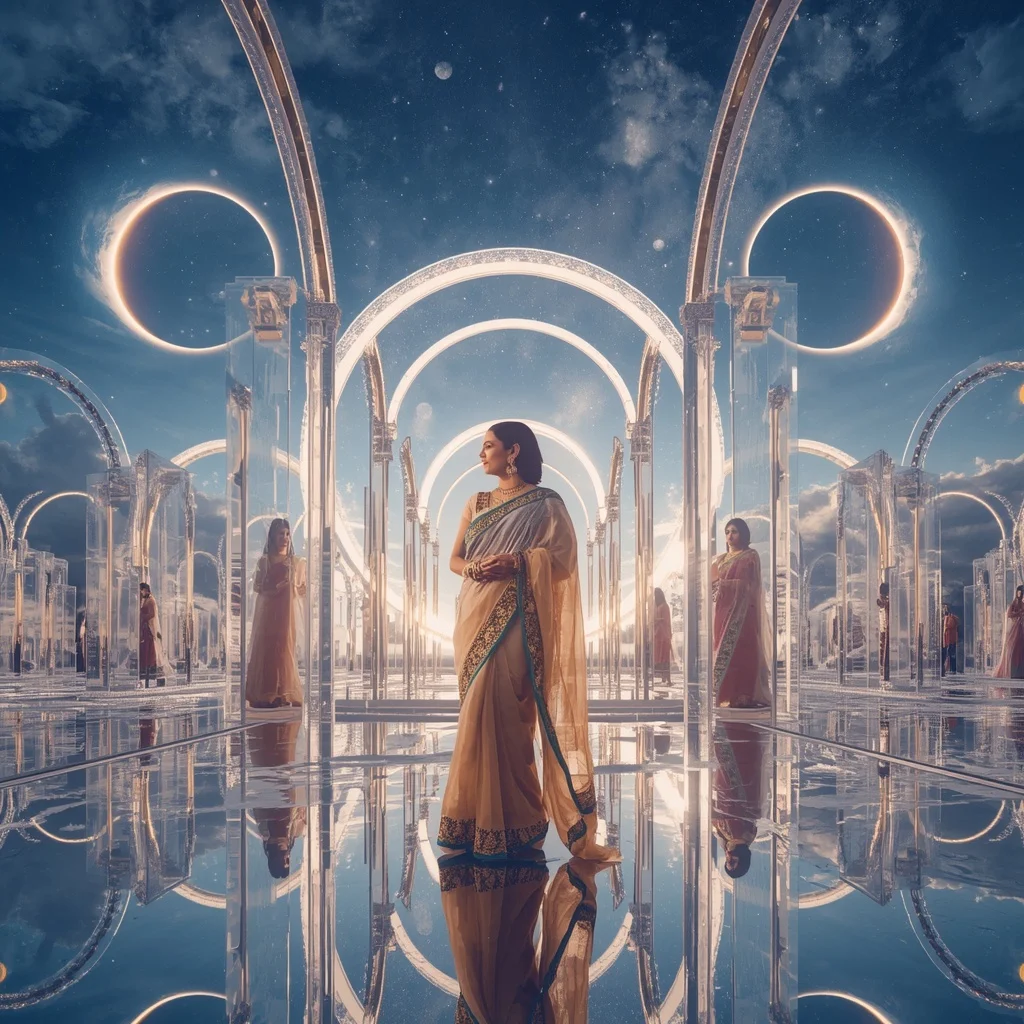 Festive Pastel Saree Crystal Celestial Eclipse Palace Collage Premium Cinematic | Gemini Ai Photo