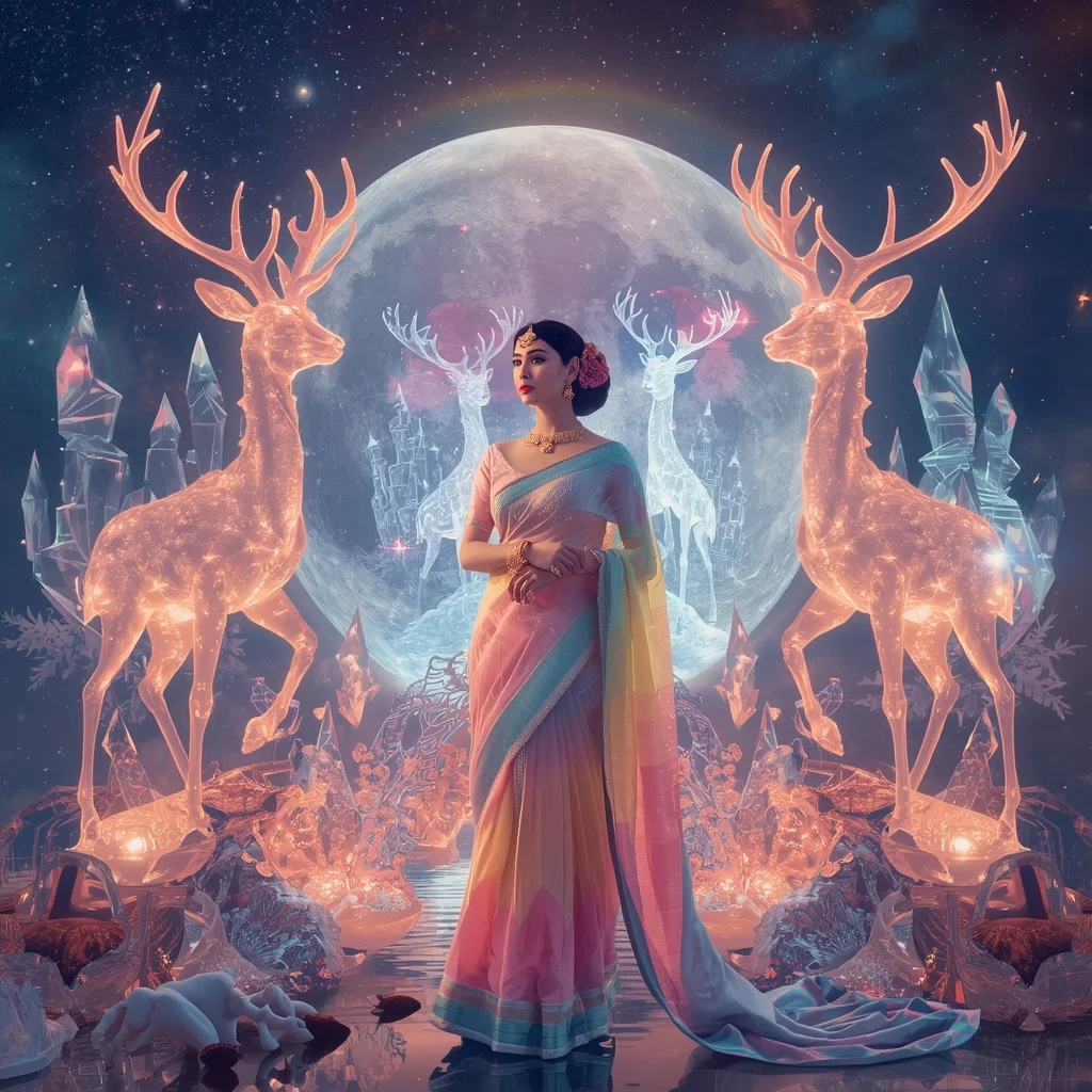 Festive Pastel Saree Crystal Celestial Moon Deer Kingdom Luxury Collage | Face Ai Prompt