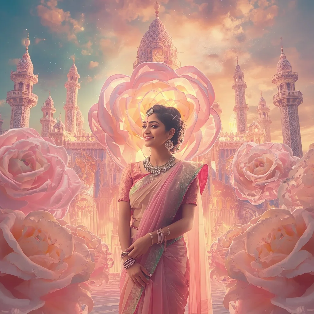 Festive Pastel Saree Crystal Celestial Rose Kingdom Collage Premium | Prompt Seen Trending Girl 2026 Butterfly