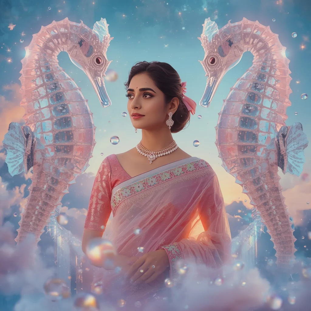 Festive Pastel Saree Crystal Celestial Seahorse Kingdom Collage Premium | Leonardo Ai Image Prompt