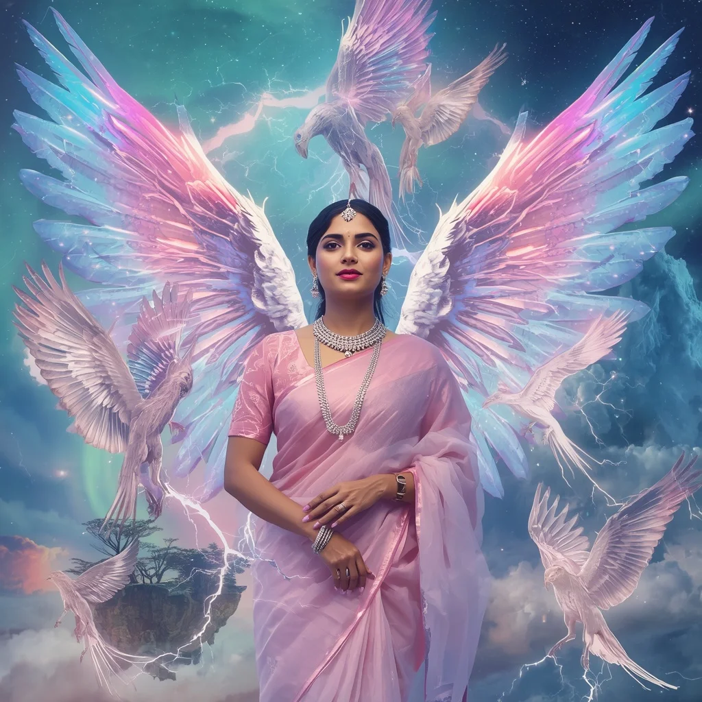 Festive Pastel Saree Crystal Celestial Thunder Phoenix Realm Collage Premium | Editing Prompt Girl