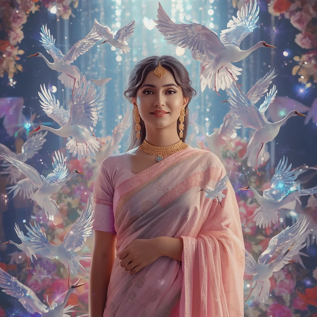 Festive Pastel Saree Crystal Crane Starlight Garden Collage Premium | Art Ai Prompt