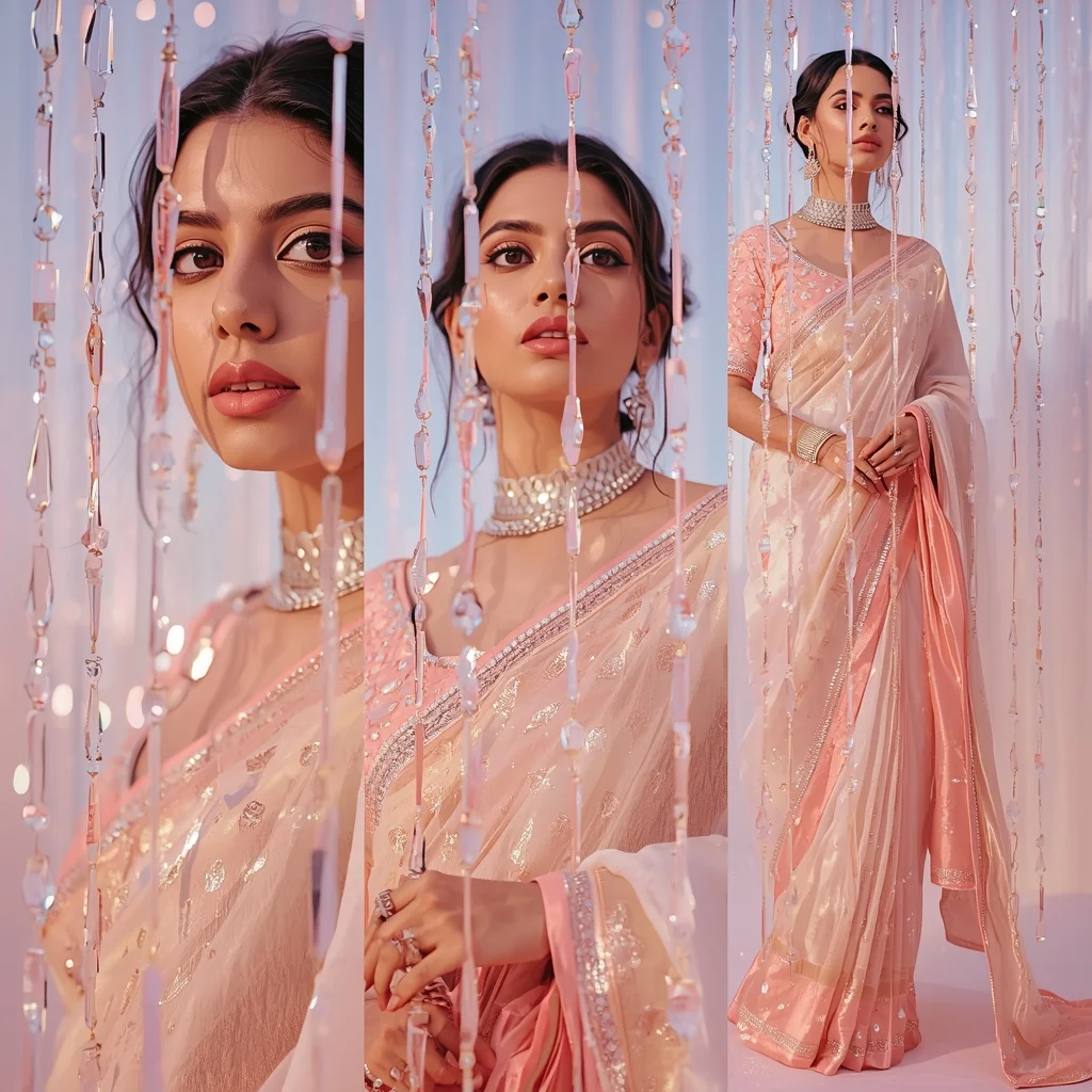 Festive Pastel Saree Crystal Curtain Flow Collage | Indian Girl Luxury Drop Aesthetic Cinematic Viral Prompt | Saree Prompt