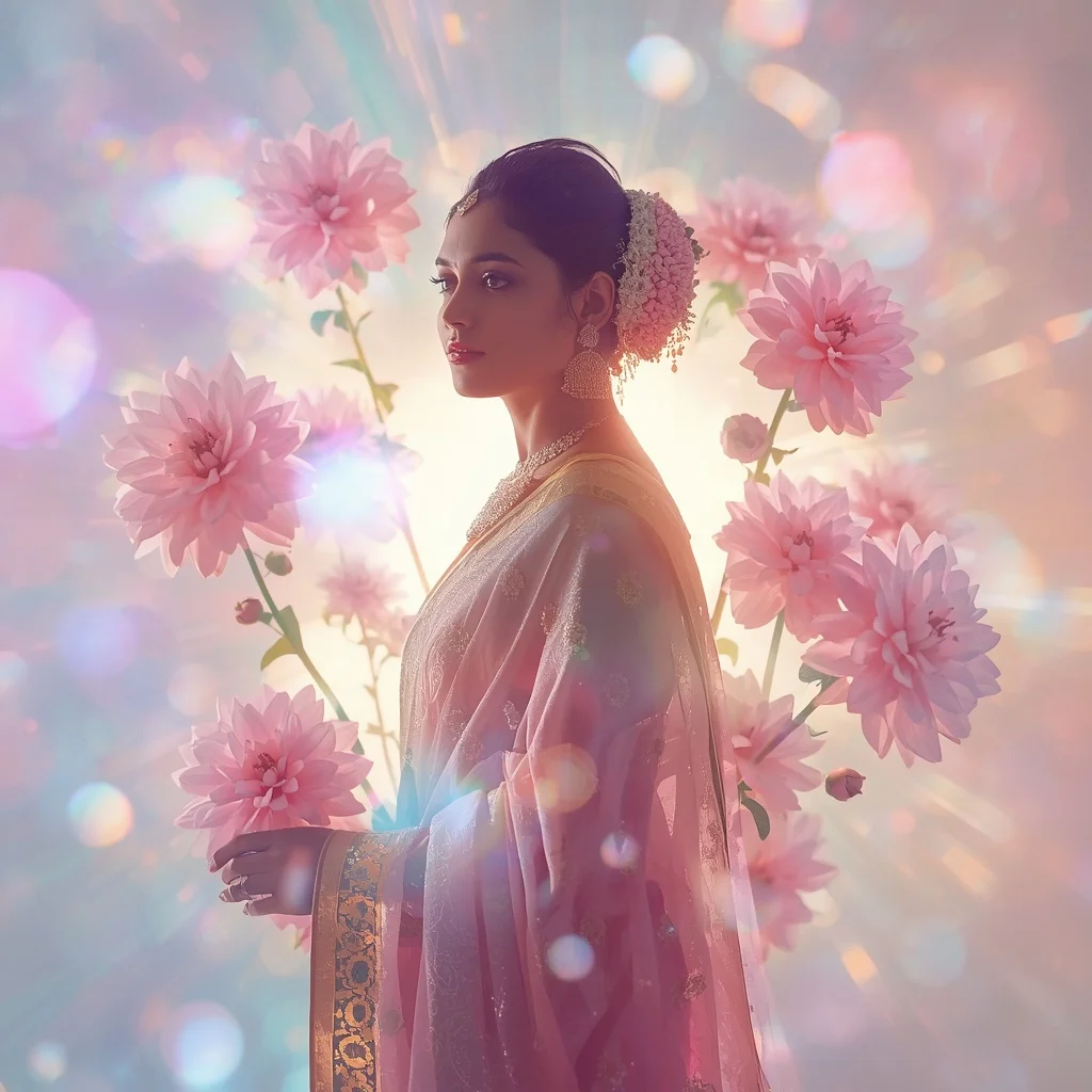 Festive Pastel Saree Crystal Dahlia Light Burst Collage Cinematic | Image Prompt