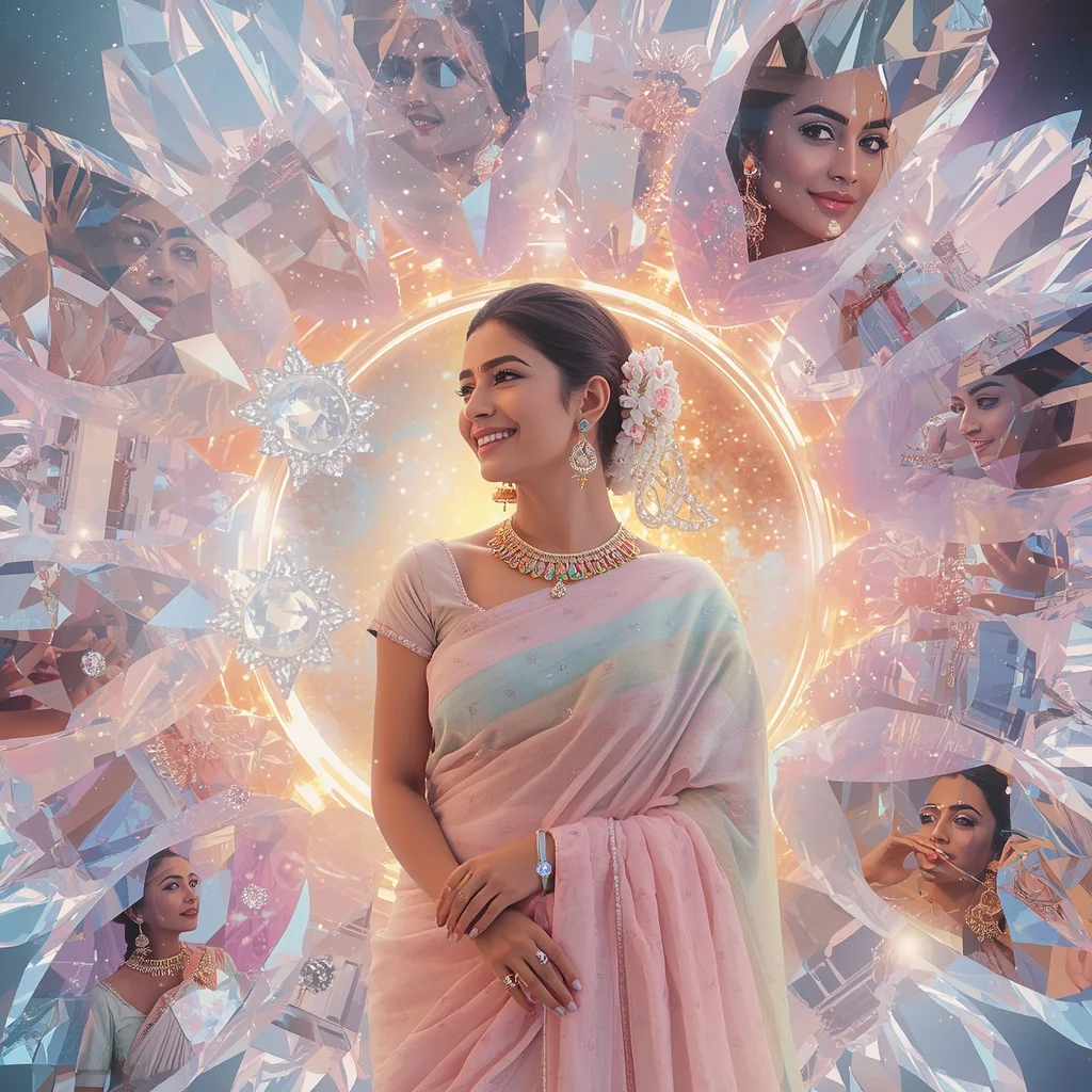 Festive Pastel Saree Crystal Diamond Solar Bloom Collage Premium | Editing Prompt Girl Aesthetic