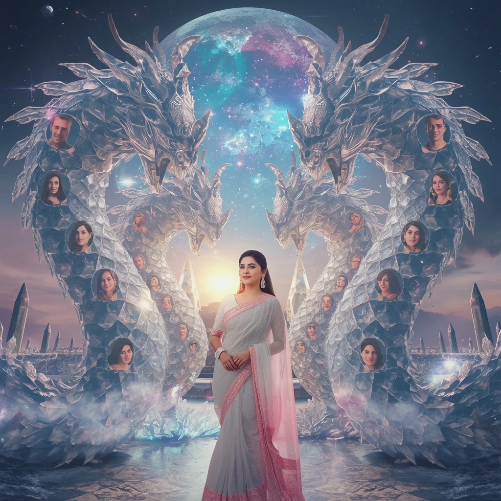 Festive Pastel Saree Crystal Dragon Moon Citadel Collage Premium Cinematic | Festival Prompt