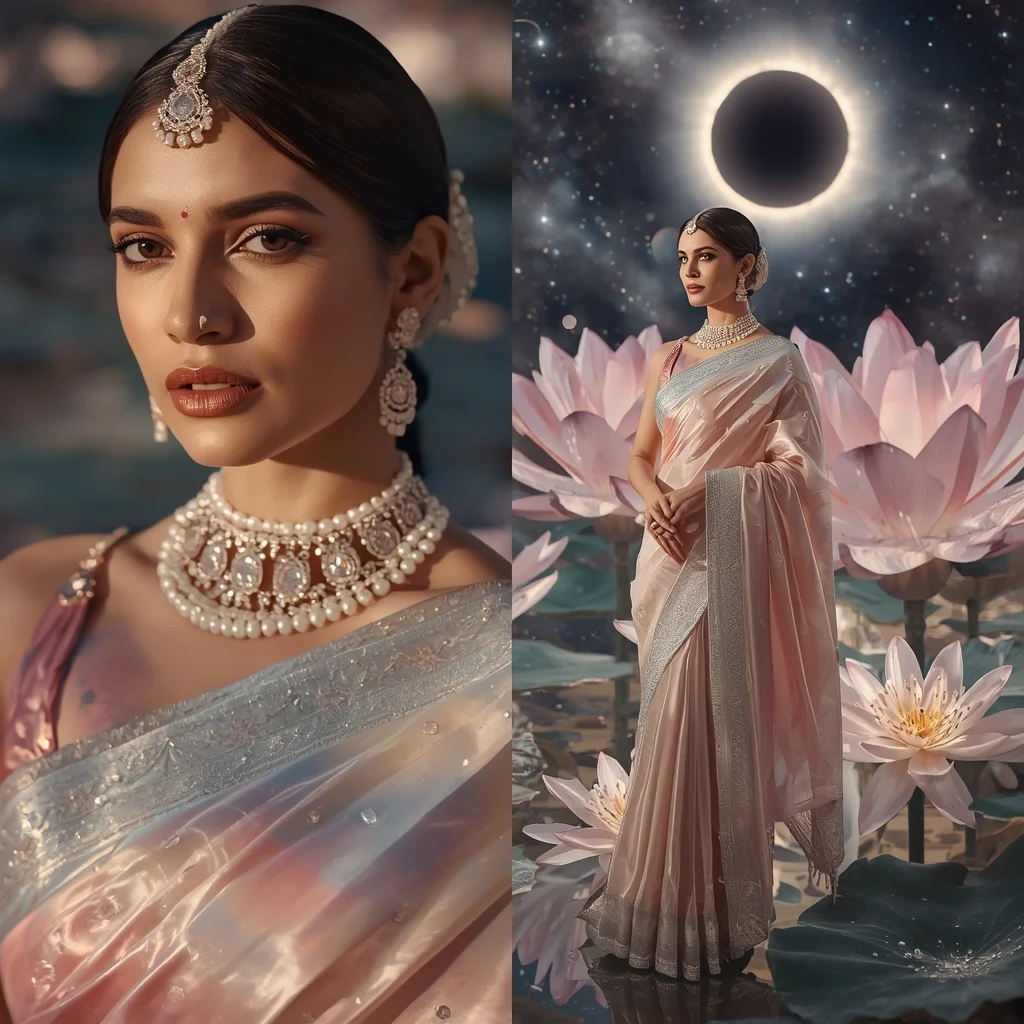 Festive Pastel Saree Crystal Eclipse Lotus Universe Collage | Image To Prompt