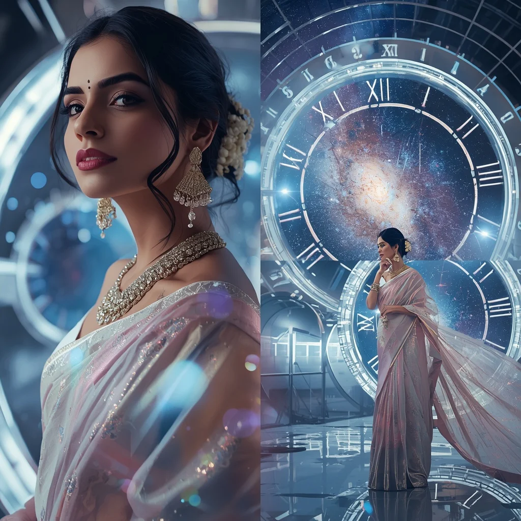 Festive Pastel Saree Crystal Galaxy Clock Observatory Collage | Female Model Ai Prompt