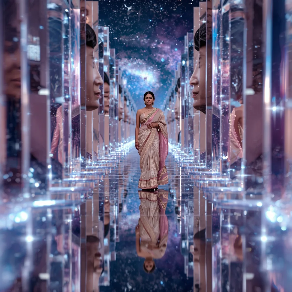 Festive Pastel Saree Crystal Galaxy Infinity Walkway Collage Premium Cinematic | Cute Prompt For Girls In Saree In English