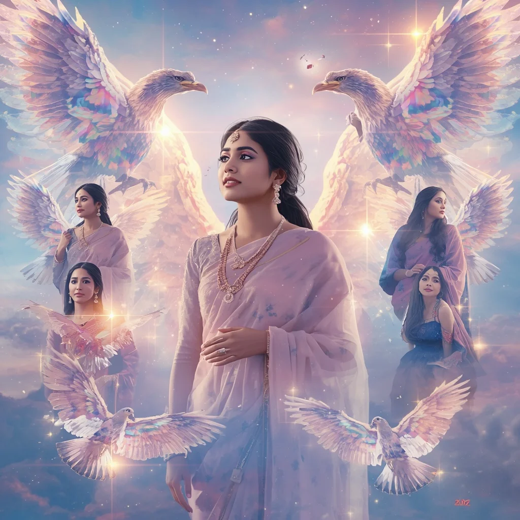 Festive Pastel Saree Crystal Griffin Aurora Empire Collage Premium | Gemini Photo Editing Prompt