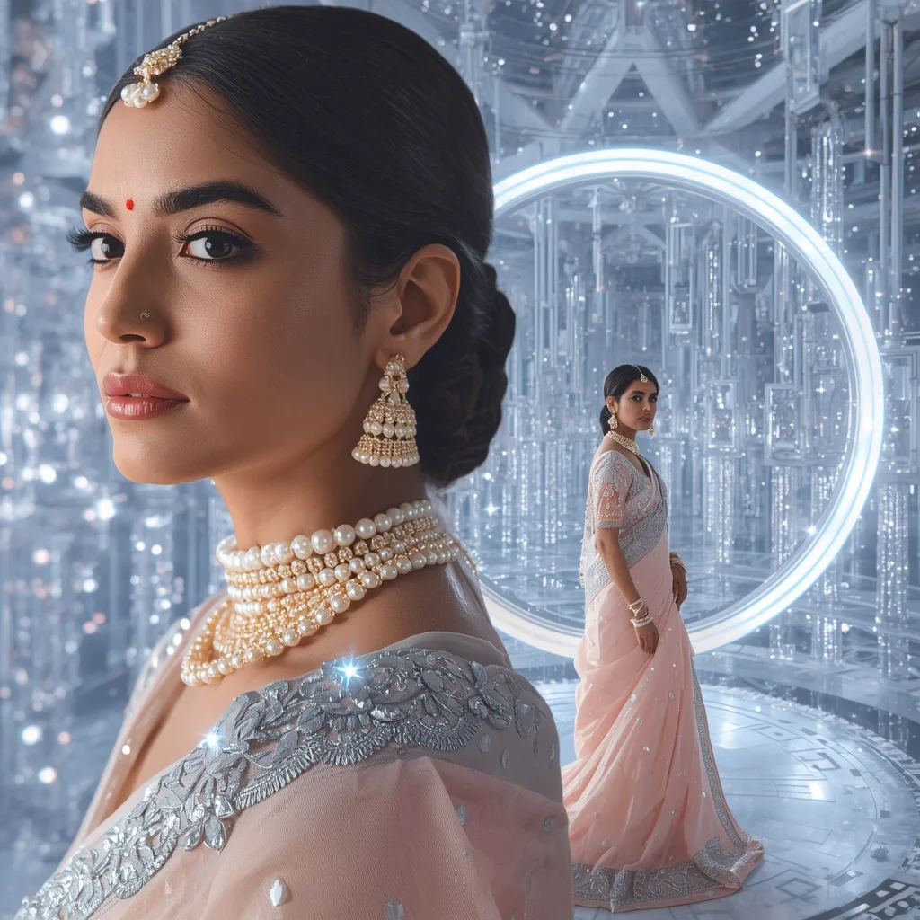 Festive Pastel Saree Crystal Halo Observatory Empire Collage | Ai Image Prompt