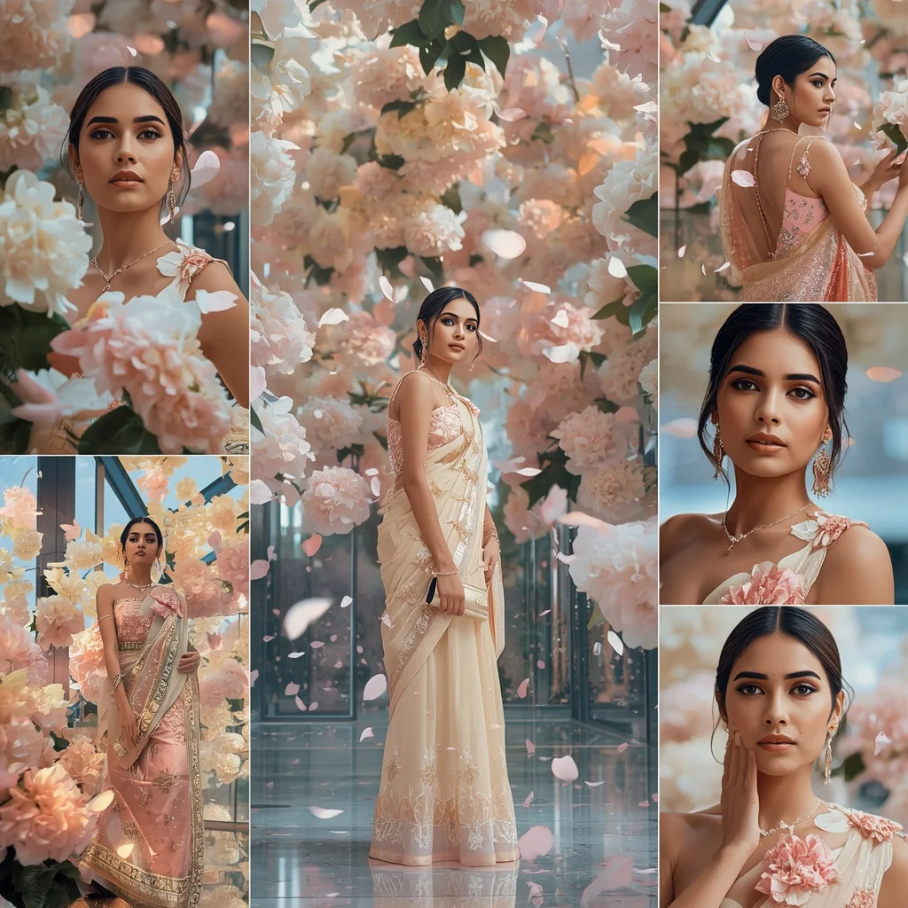 Festive Pastel Saree Crystal Hydrangea Cathedral Collage Premium Luxury Masterpiece | Indian Girl Ai Prompt