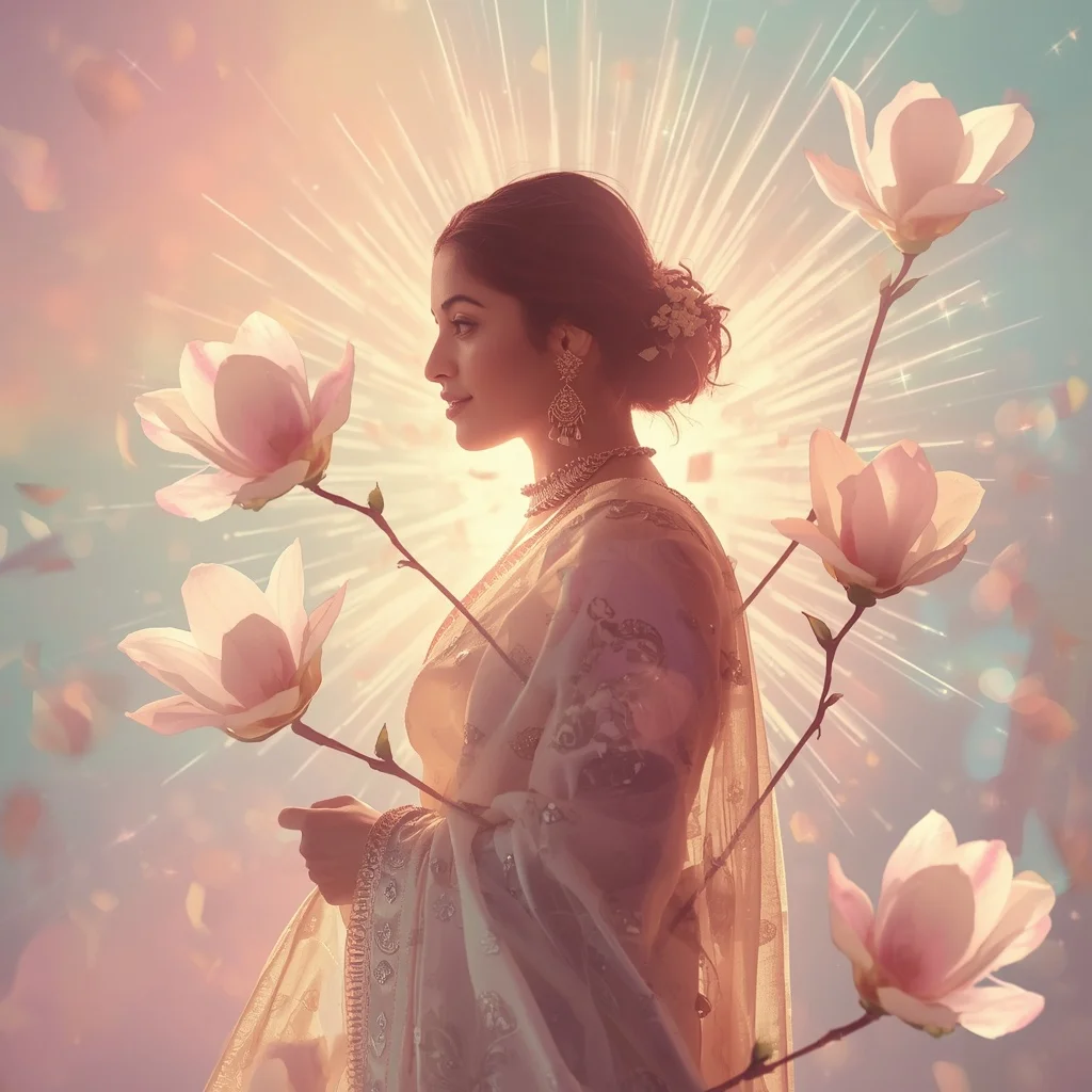 Festive Pastel Saree Crystal Magnolia Light Burst Collage Cinematic | Chatgpt Prompt
