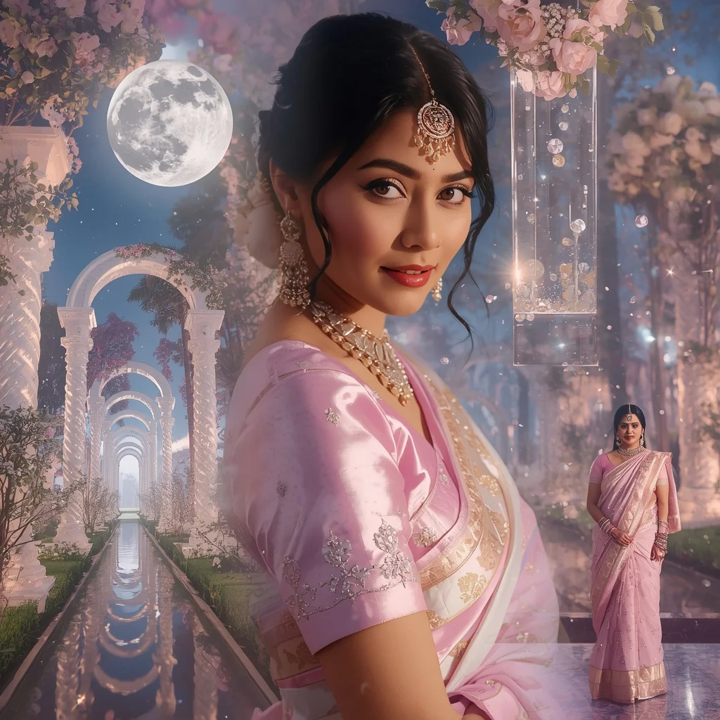 Festive Pastel Saree Crystal Moonlight Palace Garden Collage Premium Cinematic | Korean Ai Prompt