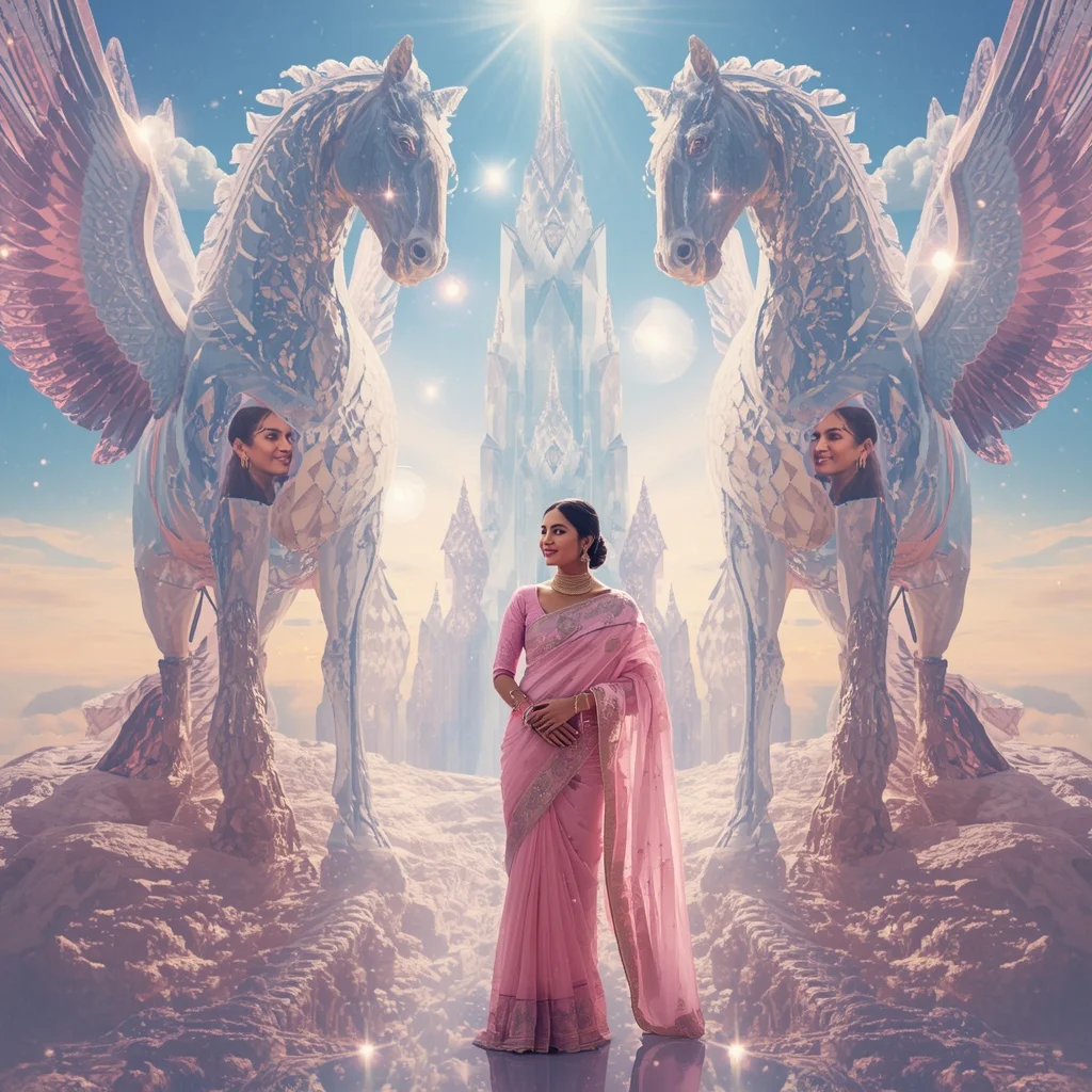 Festive Pastel Saree Crystal Pegasus Sky Kingdom Collage Premium Cinematic | 3d Animation Ai Prompt