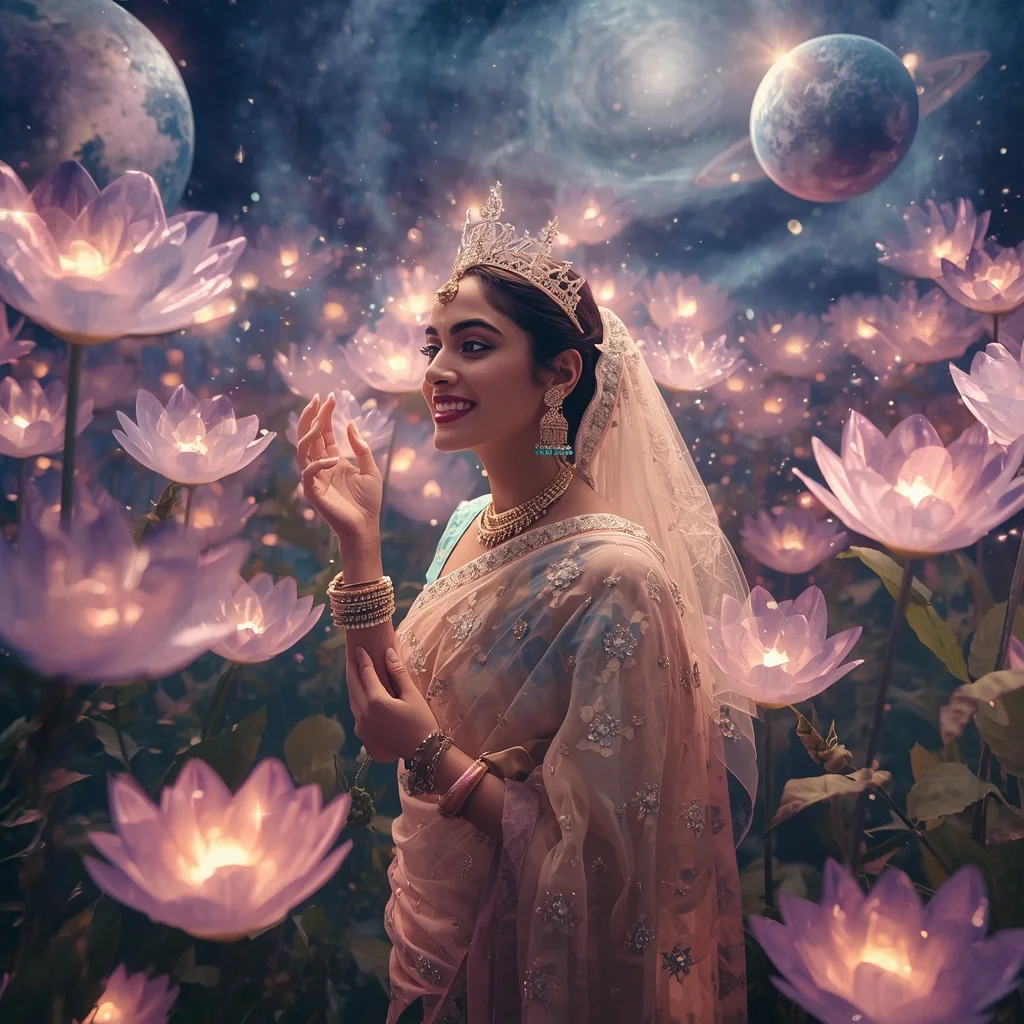 Festive Pastel Saree Crystal Planet Crown Garden Collage Premium | Gemini Ai Prompt
