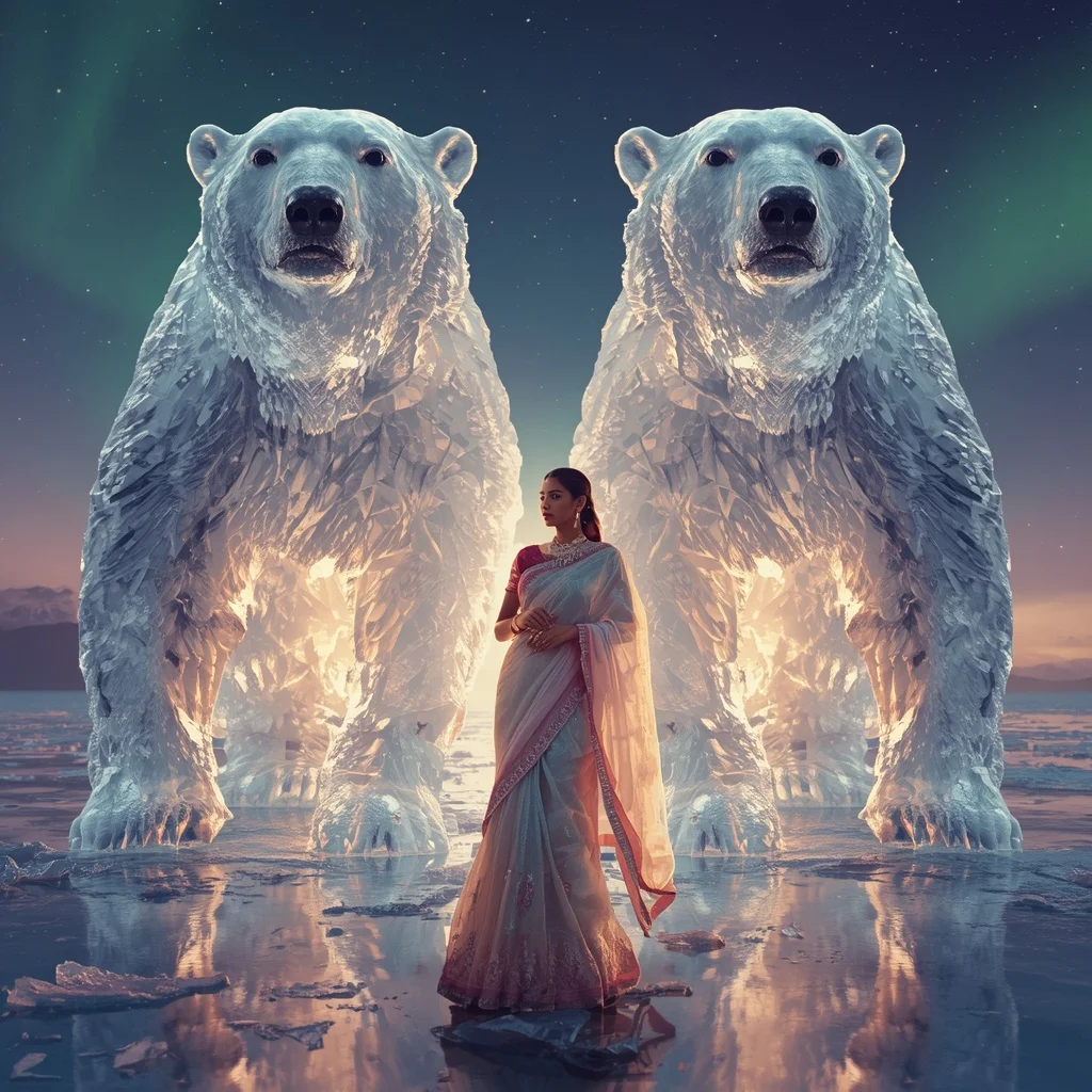 Festive Pastel Saree Crystal Polar Bear Kingdom Luxury Collage | Romantic Ai Prompt
