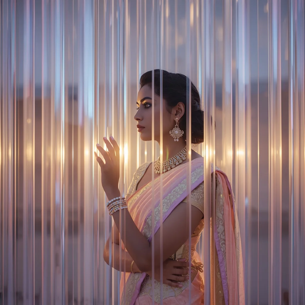 Festive Pastel Saree Crystal Prism Cage Prompt with Refraction Light Structure and Cinematic Glow | Aesthetic Saree Ai Prompt