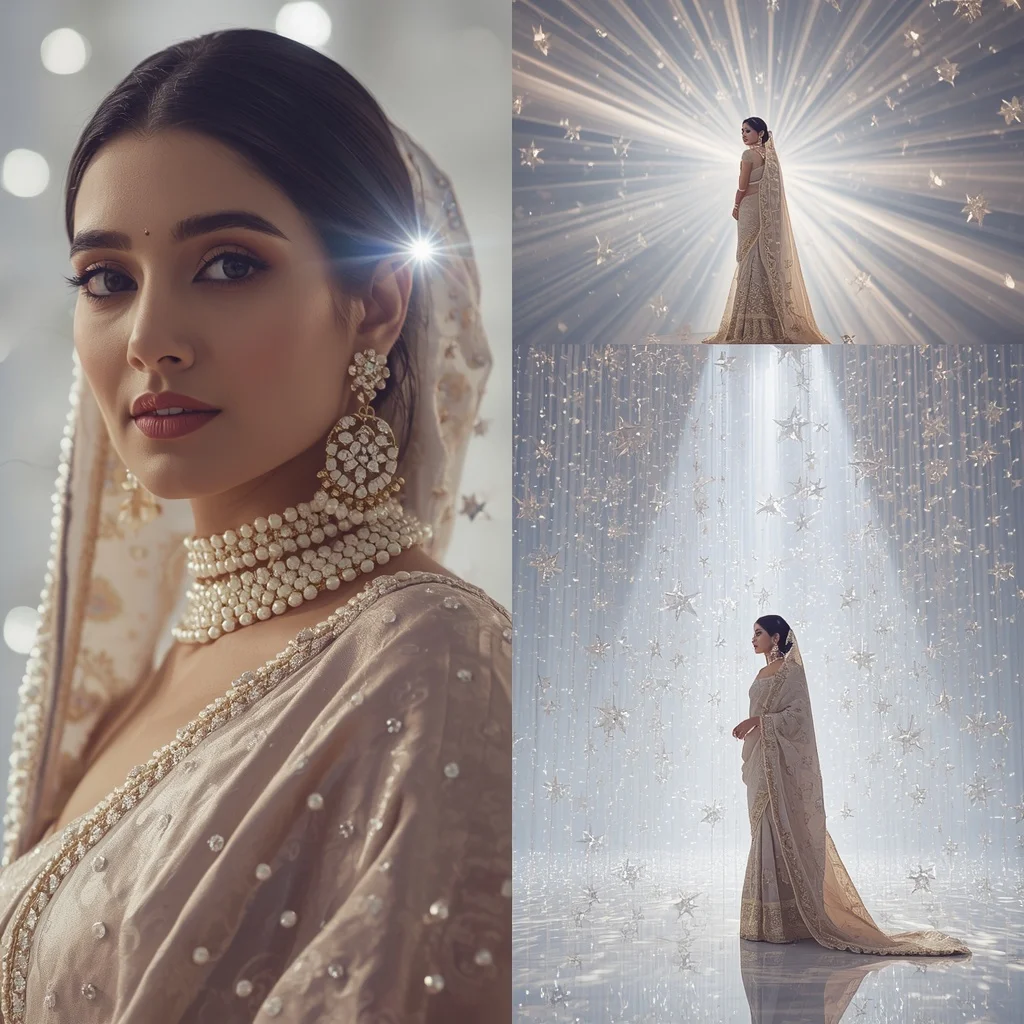 Festive Pastel Saree Crystal Sun Cathedral Realm Collage | Prompt For Traditional Look For Girl Copy Paste