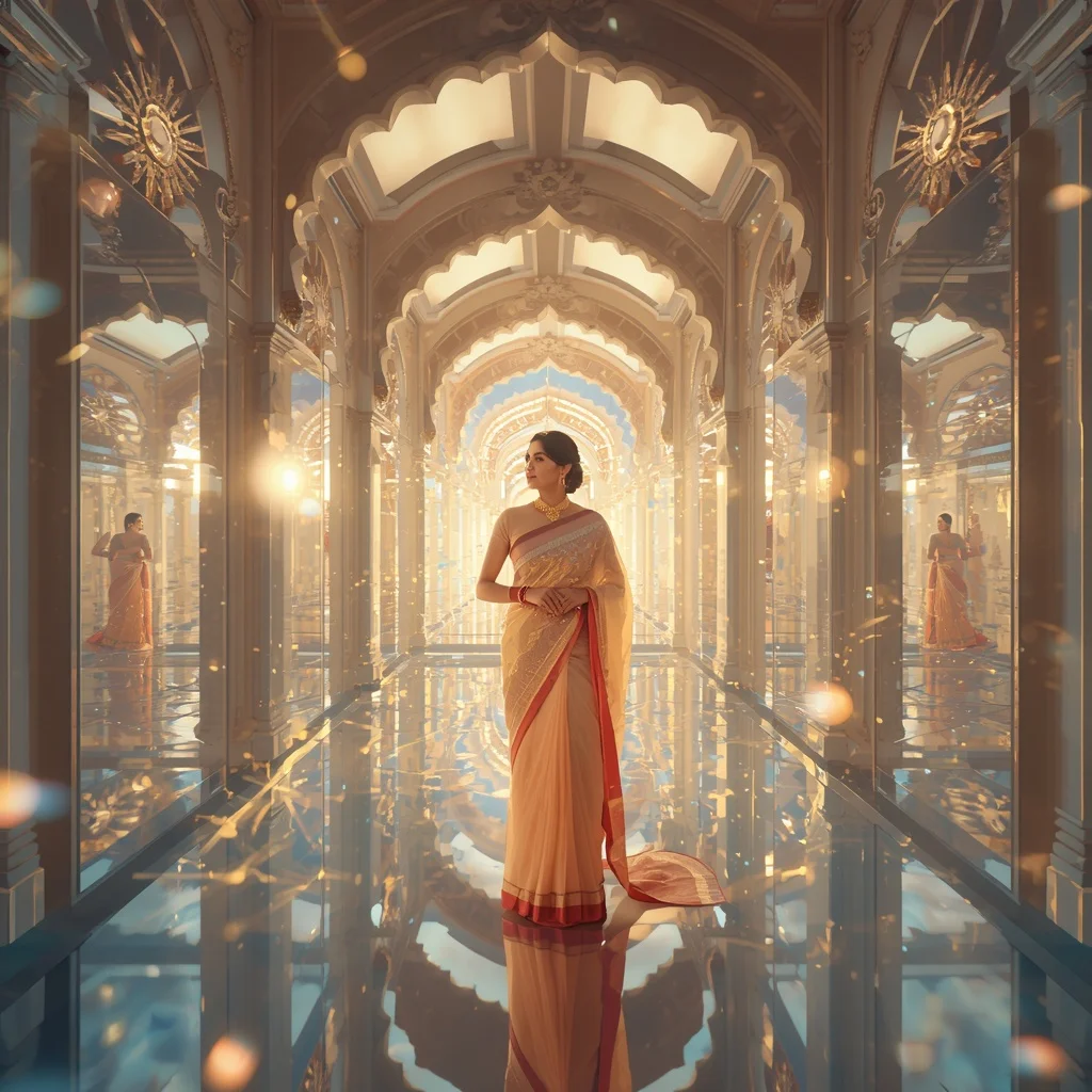 Festive Pastel Saree Crystal Sun Halo Palace Collage Premium Cinematic | Ai Prompt Generator Free