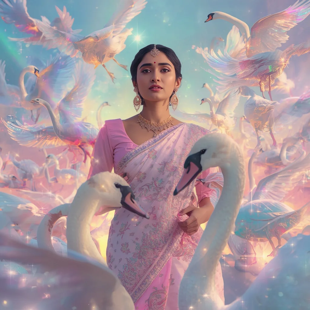 Festive Pastel Saree Crystal Swan Aurora Empire Collage Premium | Prompt Engineering