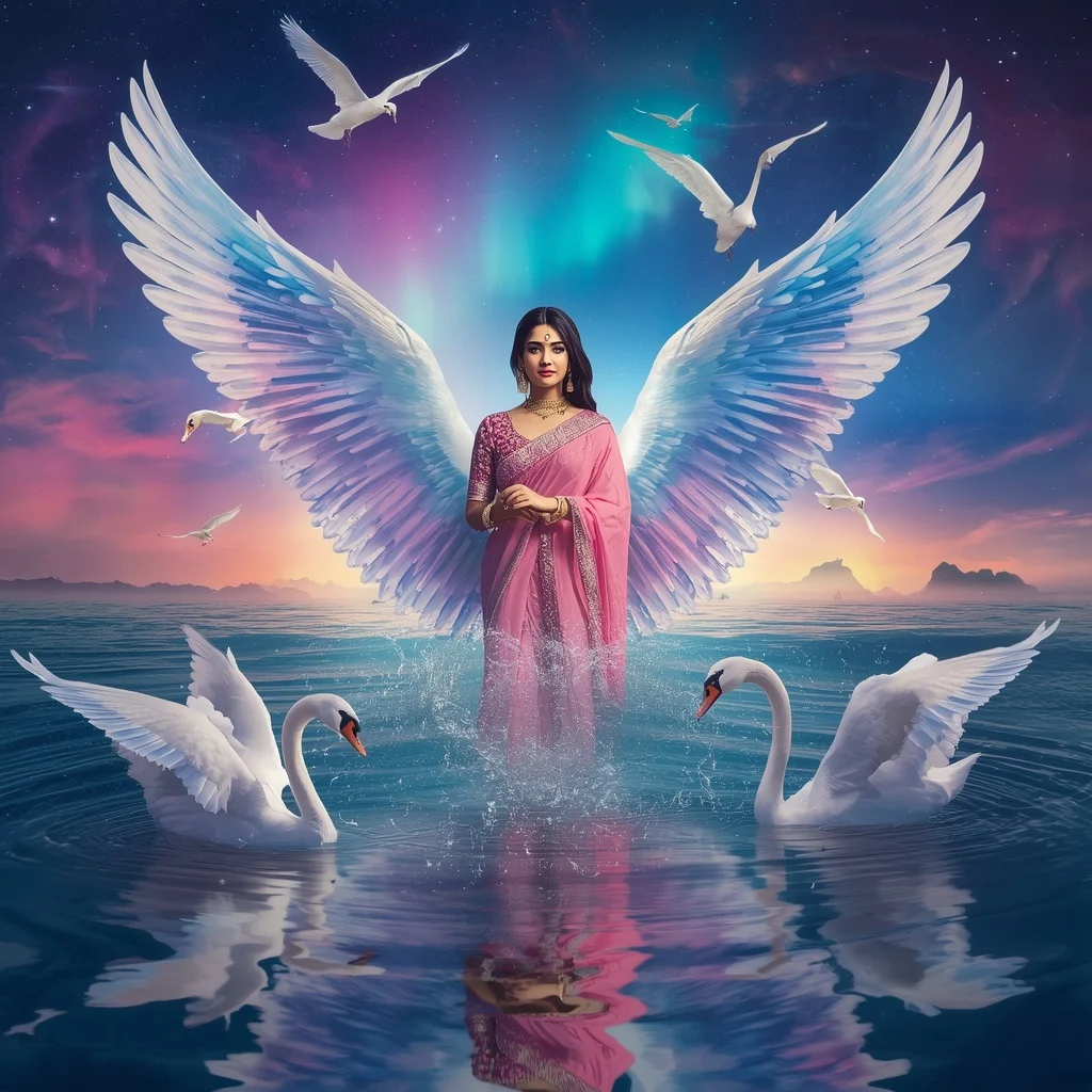 Festive Pastel Saree Crystal Swan Aurora Galaxy Tide Kingdom Collage Premium | New Instagram Trend Prompt For Girl Aesthetic