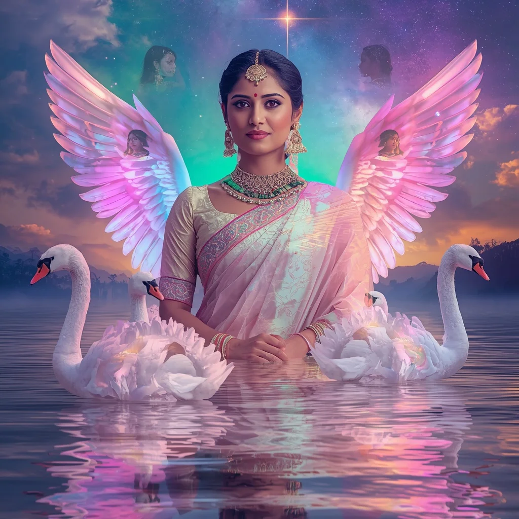 Festive Pastel Saree Crystal Swan Galaxy Aurora Lake Paradise Collage Premium | Ai Prompt For Social Media