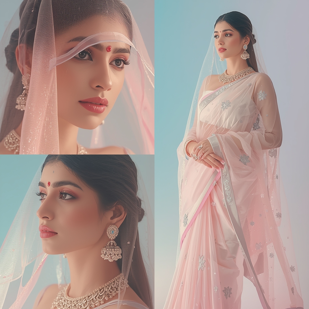 Festive Pastel Saree Crystal Veil Collage | Indian Girl Luxury Shine Aesthetic Soft Cinematic Ultra Realistic Viral Prompt | Prompt Gemini