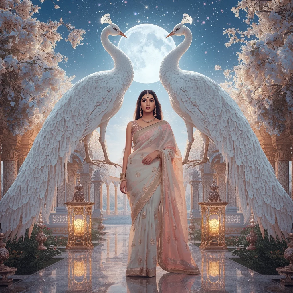 Festive Pastel Saree Crystal White Peacock Dynasty Luxury Collage | Woman Pose Ai Prompt