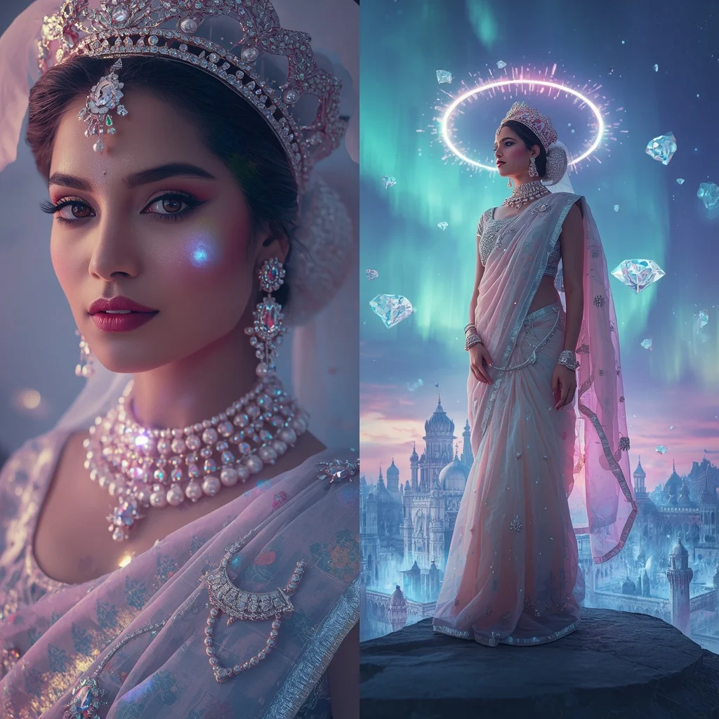 Festive Pastel Saree Diamond Aurora Crown Citadel Collage | Woman Pose Ai Prompt